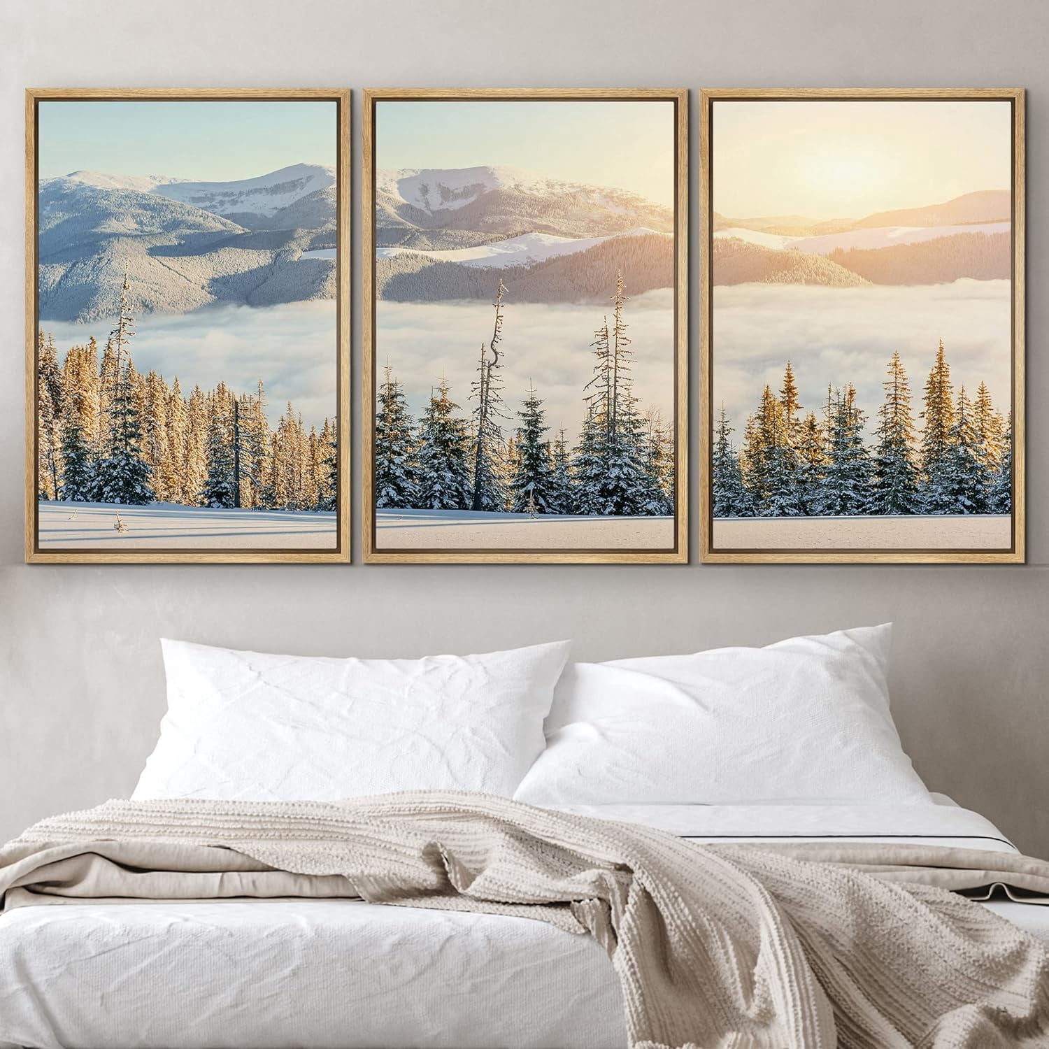 IDEA4WALL Framed Canvas Print Wall Art Set of 3 Misty Winter Sunset ...