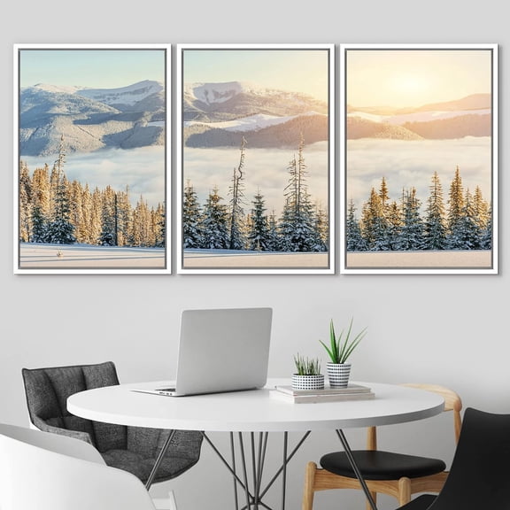 IDEA4WALL Framed Canvas Print Wall Art Set of 3 Misty Winter Sunset Mountain Forest Nature Wilderness Photography Realism Decorative Landscape Scenic for Rooms - 16"x24"x3 Panels White