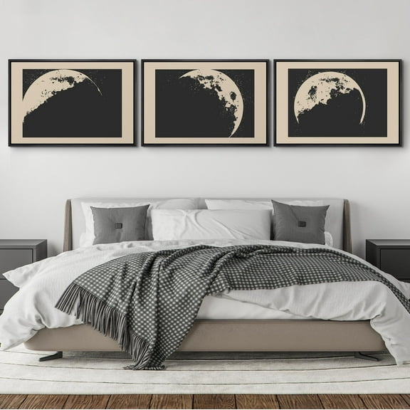 IDEA4WALL Framed Canvas Print Wall Art Set of 3 Monochromatic Noun Mare Lunar Surface Posters Wall Decor Black and Beige Moon Prints Modern Art Contemporary Minimal Artwork - 16"x24"x3 Black