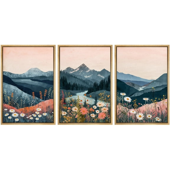 IDEA4WALL Framed Canvas Print Wall Art Set of 3 Mountain Landscape Modern Art Wall Decor Nature Colorful Wildflowers Illustrations Minimal Artwork Boho Clam/Relax For Home Decor - Natural 24"x36"x3