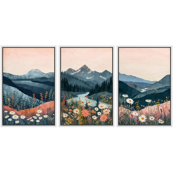 IDEA4WALL Framed Canvas Print Wall Art Set of 3 Mountain Landscape Modern Art Wall Decor Nature Colorful Wildflowers Illustrations Minimal Artwork Boho Clam/Relax For Home Decor - White 24"x36"x3