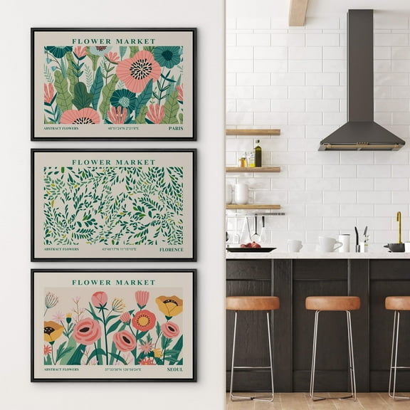IDEA4WALL Framed Canvas Print Wall Art Set of 3 Multicolor Flower Market Vintage Art Spring Floral Wall Decor Botanical Pattern Retro Prints Nature Wildflowers Minimal Artwork - 16"x24"x3 Black