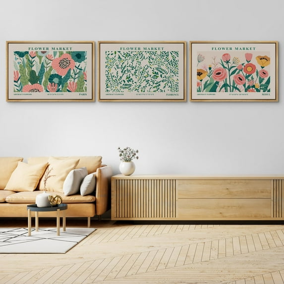 IDEA4WALL Framed Canvas Print Wall Art Set of 3 Multicolor Flower Market Vintage Art Spring Floral Wall Decor Botanical Pattern Retro Prints Nature Wildflowers Minimal Artwork - 16"x24"x3 Natural