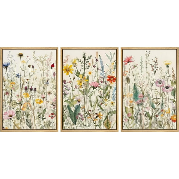 IDEA4WALL Framed Canvas Print Wall Art Set of 3 Multicolor Wildflowers Garden Floral Painting Nature Wilderness Vintage Art Boho Retro Wall Decorative Artwork for Rooms - Natural 16"x24"x3