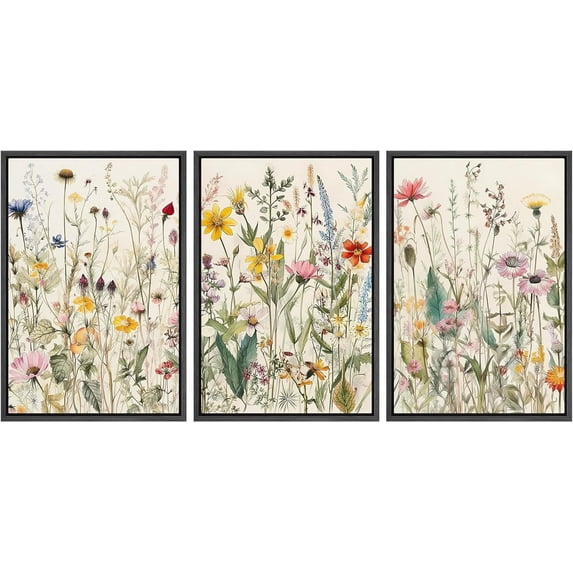 IDEA4WALL Framed Canvas Print Wall Art Set of 3 Multicolor Wildflowers Garden Floral Painting Nature Wilderness Vintage Art Boho Retro Wall Decorative Artwork for Rooms - Black 16"x24"x3
