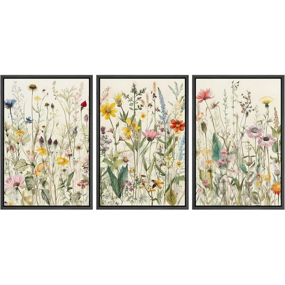 IDEA4WALL Framed Canvas Print Wall Art Set of 3 Multicolor Wildflowers Garden Floral Painting Nature Wilderness Vintage Art Boho Retro Wall Decorative Artwork for Rooms - Black 24"x36"x3