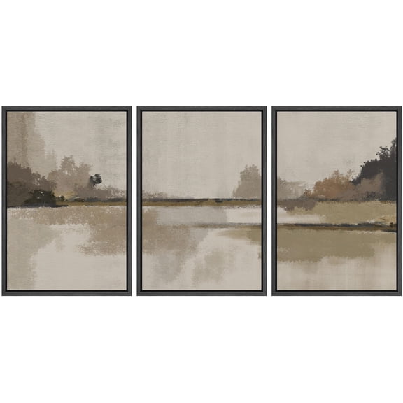 IDEA4WALL Framed Canvas Print Wall Art Set of 3 Mystic Mountains Ombre Blue Landscape Trio Serene Abstract Nature Wilderness Geometric Wall Decorative Calm/Relax/Cozy for Rooms - Black 24"x36"x3