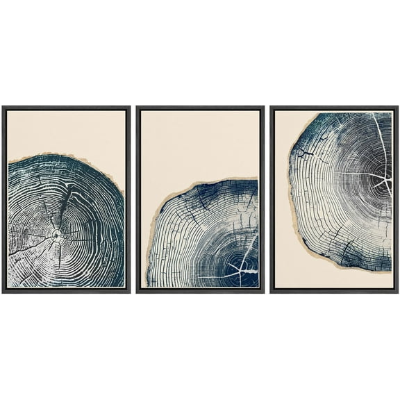 IDEA4WALL Framed Canvas Print Wall Art Set of 3 Navy Blue Wood Tree Ring Art Prints, Minimalist Art, Modern Neutral Wall Decor, Retro Trees Textured Artwork for Home Decor - Black 16"x24"x3