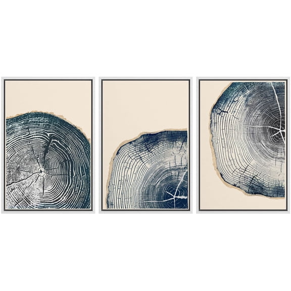 IDEA4WALL Framed Canvas Print Wall Art Set of 3 Navy Blue Wood Tree Ring Art Prints, Minimalist Art, Modern Neutral Wall Decor, Retro Trees Textured Artwork for Home Decor - White 24"x36"x3