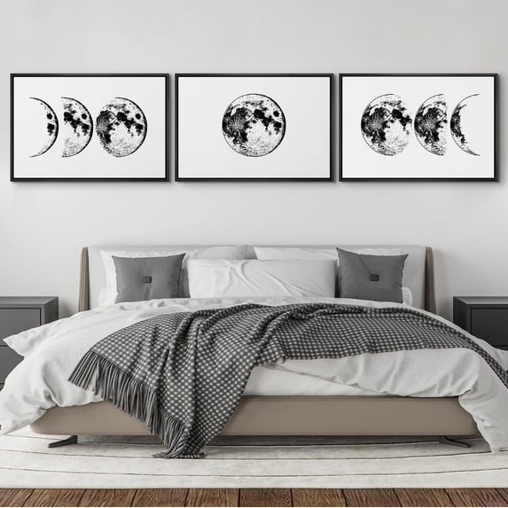 IDEA4WALL Framed Canvas Print Wall Art Set of 3 Noun Mare Lunar Surface Illustration Posters Wall Decor Black and White Moon Prints Modern Art Contemporary Minimal Artwork - 16"x24"x3 Black