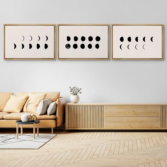 IDEA4WALL Framed Canvas Print Wall Art Set of 3 Noun Minimalist Lunar Phase Monochromatic Moon Illustration Wall Decor Black and White Prints Modern Art Contemporary Artwork - 24"x36"x3 Natural