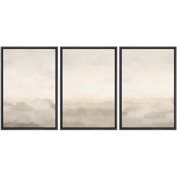 IDEA4WALL Framed Canvas Print Wall Art Set of 3 Pastel Abstract Beige & Grey Minimalist Pattern Nature Wilderness Modern Art Decorative Neutral Artwork for Home Decor - Black 16"x24"x3