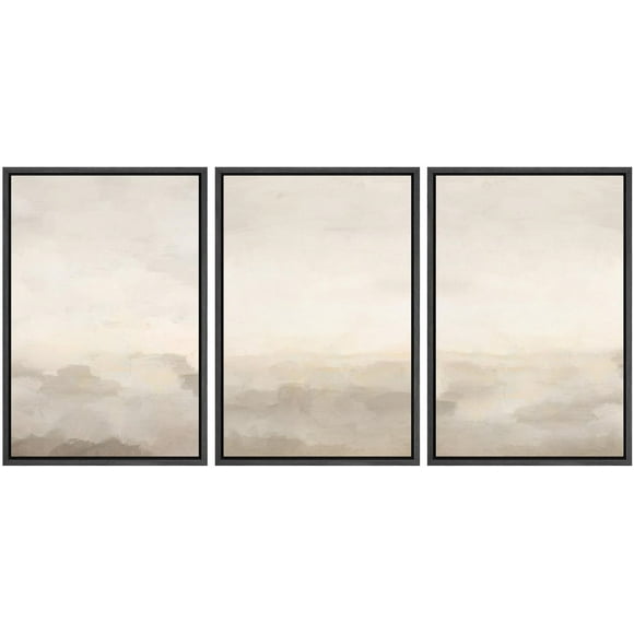 IDEA4WALL Framed Canvas Print Wall Art Set of 3 Pastel Abstract Beige & Grey Minimalist Pattern Nature Wilderness Modern Art Decorative Neutral Artwork for Home Decor - Black 24"x36"x3