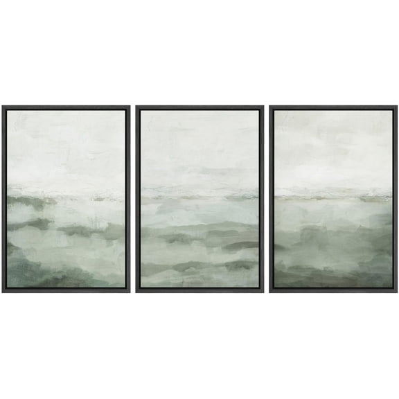 IDEA4WALL Framed Canvas Print Wall Art Set of 3 Pastel Abstract Sage Green Minimalist Pattern Nature Wilderness Modern Art Decorative Neutral Artwork for Home Decor - Black 16"x24"x3