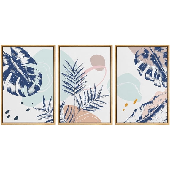 IDEA4WALL Framed Canvas Print Wall Art Set of 3 Pastel Blue Monstera & Palm Leaves Colorful Boho Wall Decor Abstract Geometric Plants Botanical Art Minimal Nordic Zen Artwork - Natural 16"x24"x3