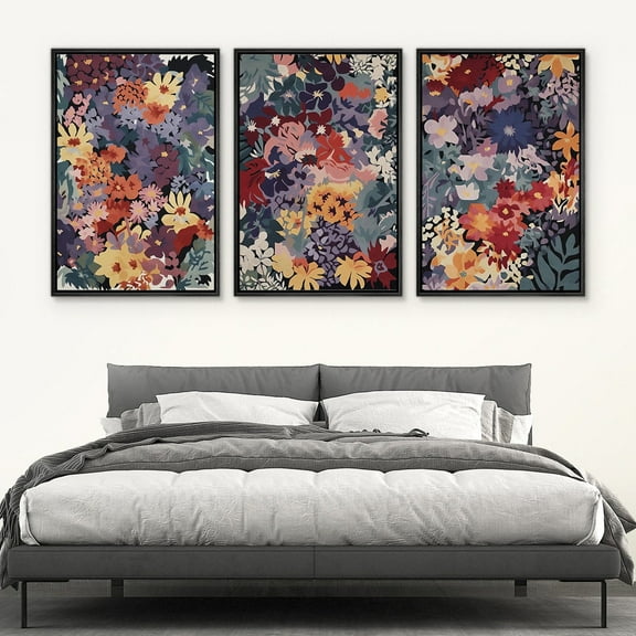 IDEA4WALL Framed Canvas Print Wall Art Set of 3 Pastel Colorful Wildflowers Prints Botanical Flowers Floral Illustration Art Vintage Nature Wilderness Artwork for Room Decor - Black 16"x24"x3