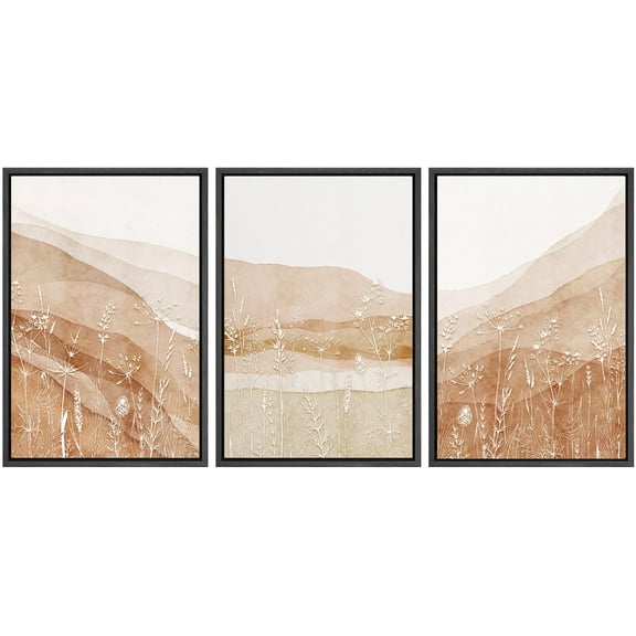 IDEA4WALL Framed Canvas Print Wall Art Set of 3 Pastel Mountain and Wildflower Elegant Fine Art Wall Decor Beige and Brown Nature Scenery Prints Zen Minimal Artwork - Black 16"x24"x3