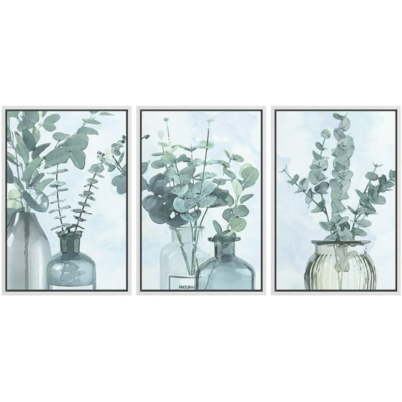 IDEA4WALL Framed Canvas Print Wall Art Set of 3 Pastel Style Green Forest Leaves in Glass Bottles Wall Decor Abstract Geometric Plants Botanical Art Minimal Nordic Zen Artwork - White 16"x24"x3