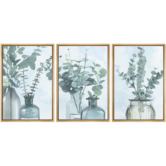 IDEA4WALL Framed Canvas Print Wall Art Set of 3 Pastel Style Green Forest Leaves in Glass Bottles Wall Decor Abstract Geometric Plants Botanical Art Minimal Nordic Zen Artwork - Natural 24"x36"x3