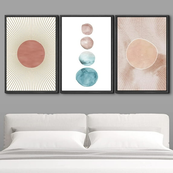 IDEA4WALL Framed Canvas Print Wall Art Set of 3 Pastel Watercolor Dot & Ring Variety Shapes Abstract Modern Art Decor Minimalist Colorful Geometric Artwork Nordic for Rooms - Black 16"x24"x3