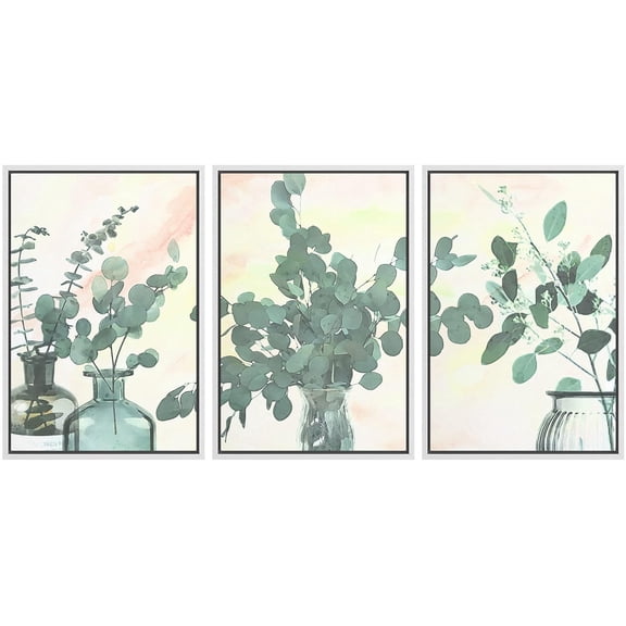 IDEA4WALL Framed Canvas Print Wall Art Set of 3 Pastel Watercolor Effect Forest Leaf Collection Wall Decor Abstract Geometric Plants Prints Minimal Modern Art Nordic Zen Artwork - White 16"x24"x3