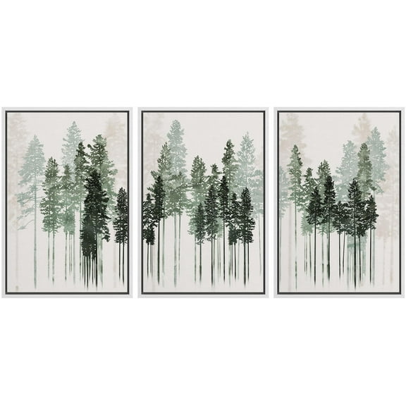 IDEA4WALL Framed Canvas Print Wall Art Set of 3 Pine Tree Watercolor Forest Nature Illustrations Artwork Fir Trees Modern Art Boho Decorative Colorful Chic for Rooms - White 24"x36"x3