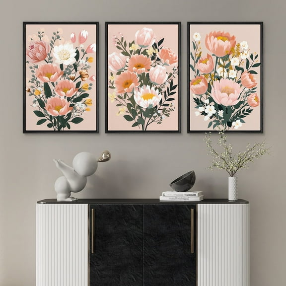 IDEA4WALL Framed Canvas Print Wall Art Set of 3 Pink Wildflowers Botanical Prints Retro Flowers Floral Illustration Art Vintage Nature Wilderness Artwork for Room Decor - Black 16"x24"x3