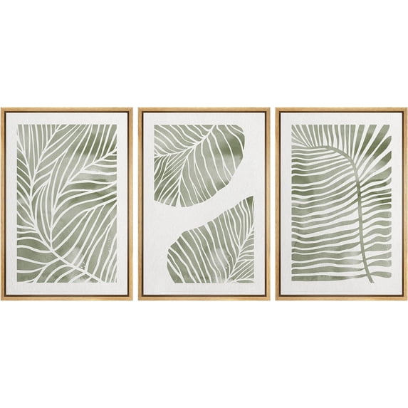 IDEA4WALL Framed Canvas Print Wall Art Set of 3 Retro Abstract Jungle Green Pastel Plants Wall Decor Nordic Nature Wilderness Botanical Prints Minimal Bohemian Artwork - Natural 16"x24"x3