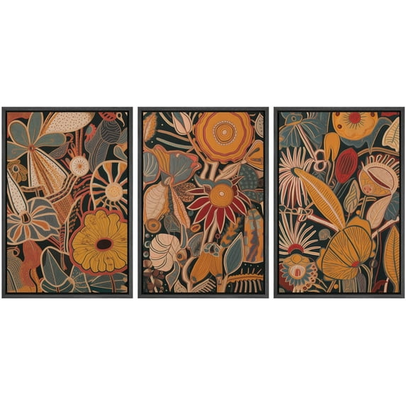 IDEA4WALL Framed Canvas Print Wall Art Set of 3 Retro Flowers Nature Wilderness Watercolor Floral Modern Art Boho Vintage Decorative Rustic Chic Artwork for Home Decor - Black 16"x24"x3