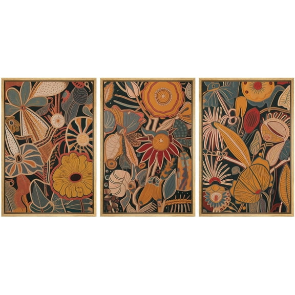 IDEA4WALL Framed Canvas Print Wall Art Set of 3 Retro Flowers Nature Wilderness Watercolor Floral Modern Art Boho Vintage Decorative Rustic Chic Artwork for Home Decor - Natural 16"x24"x3