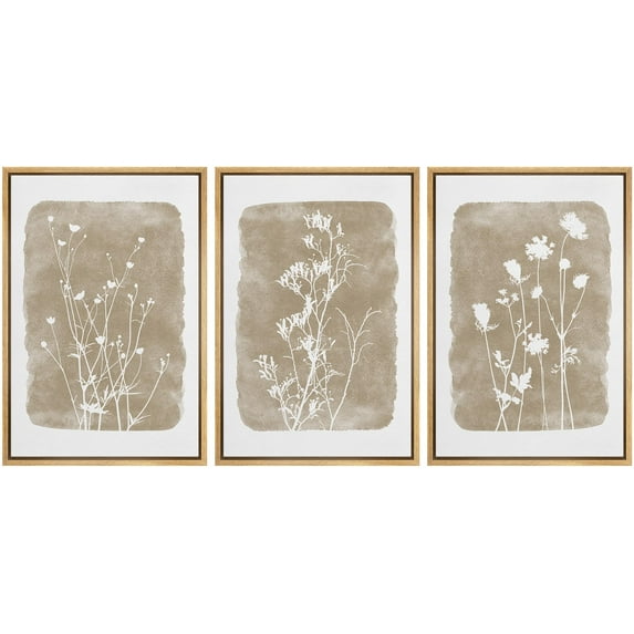IDEA4WALL Framed Canvas Print Wall Art Set of 3 Retro Vintage Country Wildflowers Wall Decor Vintage Nature Wilderness Botanical Duotone Floral Prints Minimal Bohemian Artwork - Natural 24"x36"x3