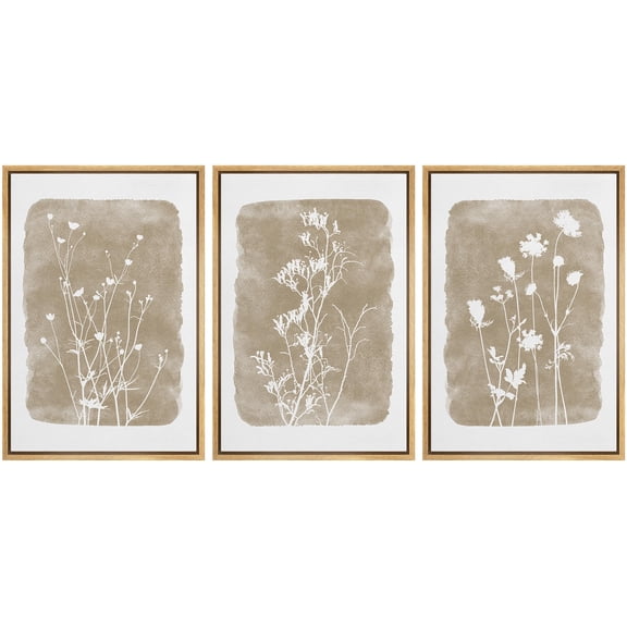 IDEA4WALL Framed Canvas Print Wall Art Set of 3 Retro Vintage Country Wildflowers Wall Decor Vintage Nature Wilderness Botanical Duotone Floral Prints Minimal Bohemian Artwork - Natural 24"x36"x3