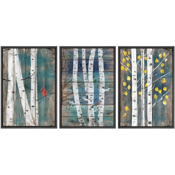 IDEA4WALL Framed Canvas Print Wall Art Set of 3 Retro Vintage Forest Trees on Wood Background Wall Decor Spring Birds Nature Wilderness Botanical Prints Minimal Bohemian Artwork - Black 24"x36"x3