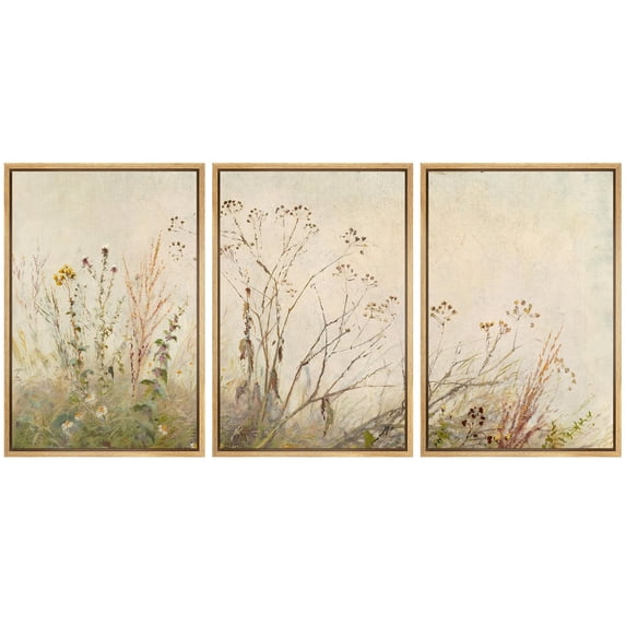 IDEA4WALL Framed Canvas Print Wall Art Set of 3 Rustic Wildflower Blooms and Field Whispering Fine Art Retro Wall Decor Nature Wilderness Botanical Prints Minimal For Room Decor - Natural 16"x24"x3