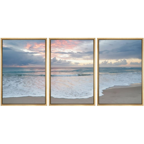 IDEA4WALL Framed Canvas Print Wall Art Set of 3 Serene Beach Sunset Ocean and Sky Landscape Modern Art Wall Decor Nature Scenery Sea Wave Prints Minimal Artwork For Home Decor - Natural 24"x36"x3