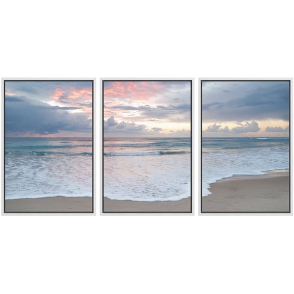 IDEA4WALL Framed Canvas Print Wall Art Set of 3 Serene Beach Sunset Ocean and Sky Landscape Modern Art Wall Decor Nature Scenery Sea Wave Prints Minimal Artwork For Home Decor - White 24"x36"x3