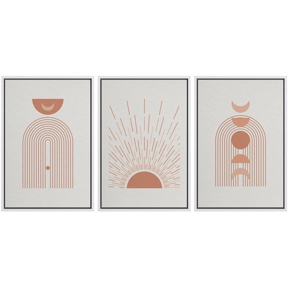 IDEA4WALL Framed Canvas Print Wall Art Set of 3 Shining Sun Moon Geometric Landscape Boho Pattern Wall Decor Abstract Collage Prints Minimal Modern Art Nordic Zen Artwork - White 16"x24"x3