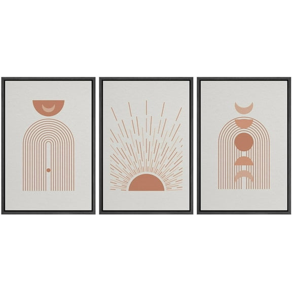 IDEA4WALL Framed Canvas Print Wall Art Set of 3 Shining Sun Moon Geometric Landscape Boho Pattern Wall Decor Abstract Collage Prints Minimal Modern Art Nordic Zen Artwork - Black 16"x24"x3