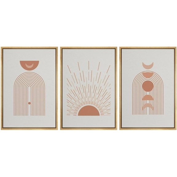 IDEA4WALL Framed Canvas Print Wall Art Set of 3 Shining Sun Moon Geometric Landscape Boho Pattern Wall Decor Abstract Collage Prints Minimal Modern Art Nordic Zen Artwork - Natural 24"x36"x3