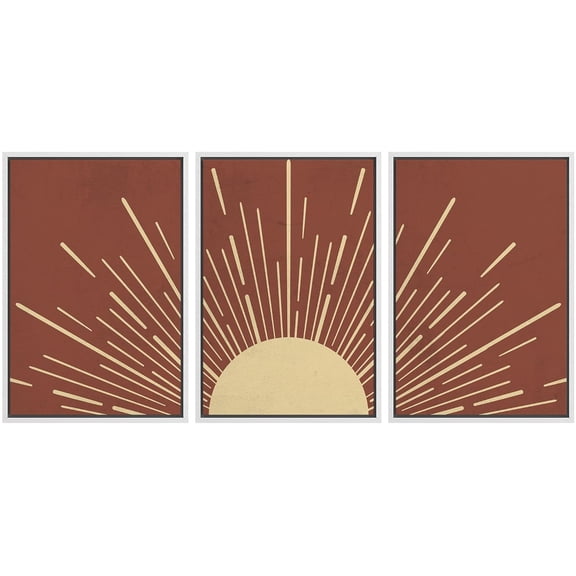 IDEA4WALL Framed Canvas Print Wall Art Set of 3 Shining Yellow Sun with Line Abstract Illustration Sunlight Rays Astronomy & Space Sky Modern Duotone Digital Art for Home Decor - White 16"x24"x3