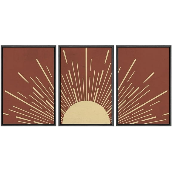 IDEA4WALL Framed Canvas Print Wall Art Set of 3 Shining Yellow Sun with Line Abstract Illustration Sunlight Rays Astronomy & Space Sky Modern Duotone Digital Art for Home Decor - Black 16"x24"x3