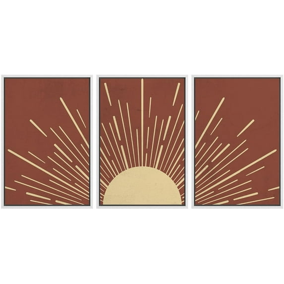 IDEA4WALL Framed Canvas Print Wall Art Set of 3 Shining Yellow Sun with Line Abstract Illustration Sunlight Rays Astronomy & Space Sky Modern Duotone Digital Art for Home Decor - White 16"x24"x3