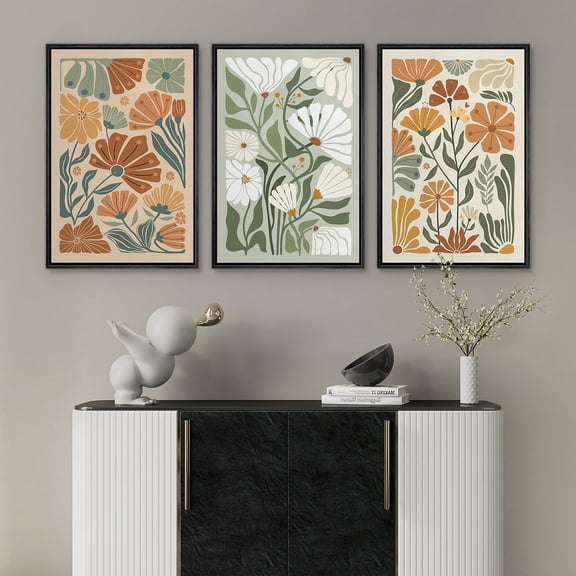 IDEA4WALL Framed Canvas Print Wall Art Set of 3 Spring Colorful Flowers Posters Illustrations Nature Wilderness Modern Art Floral Botanical Wall Decor Artwork for Rooms - Black 16"x24"x3