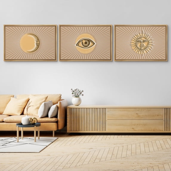IDEA4WALL Framed Canvas Print Wall Art Set of 3 Sun, Eye and Crescent Moon with Radiant Lines Modern Art Wall Decor Abstract Geometric Prints Contemporary Minimal Artwork - 16"x24"x3 Natural