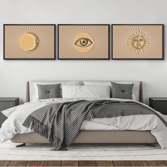 IDEA4WALL Framed Canvas Print Wall Art Set of 3 Sun, Eye and Crescent Moon with Radiant Lines Modern Art Wall Decor Abstract Geometric Prints Contemporary Minimal Artwork - 24"x36"x3 Black