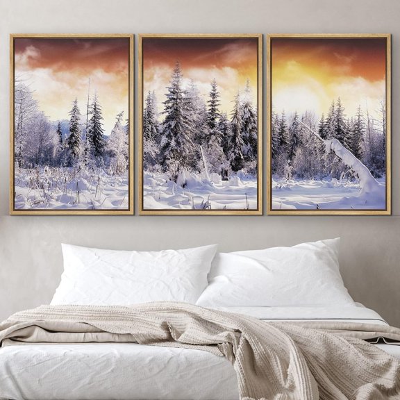 IDEA4WALL Framed Canvas Print Wall Art Set of 3 Sunset Winter Snow Pine Tree Forest Nature Wilderness Photography Realism Decorative Landscape Scenic for Rooms - 16"x24"x3 Panels Natural