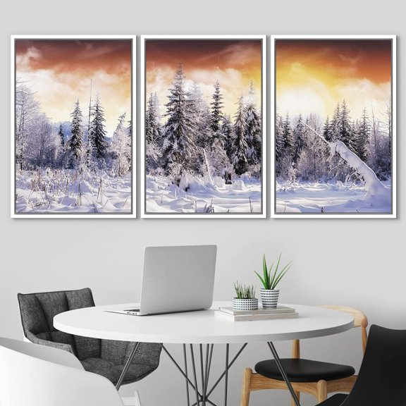 IDEA4WALL Framed Canvas Print Wall Art Set of 3 Sunset Winter Snow Pine Tree Forest Nature Wilderness Photography Realism Decorative Landscape Scenic for Rooms - 24"x36"x3 Panels White