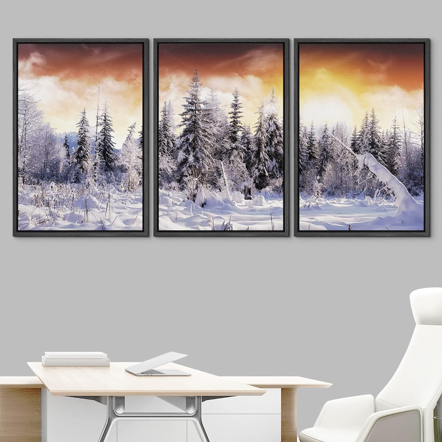 IDEA4WALL Framed Canvas Print Wall Art Set of 3 Sunset Winter Snow Pine ...