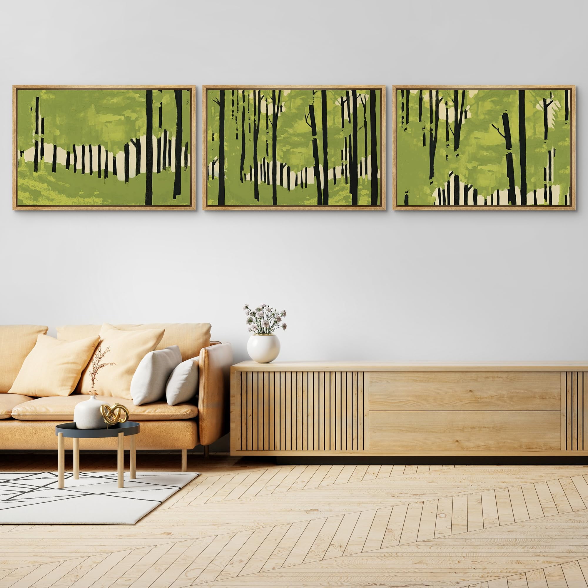 IDEA4WALL Framed Canvas Print Wall Art Set of 3 Vibrant Green Birch