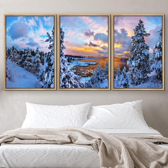 IDEA4WALL Framed Canvas Print Wall Art Set of 3 Vibrant Sunset Sky Snowy Winter Trees Nature Wilderness Photography Realism Decorative Landscape Scenic for Rooms - 24"x36"x3 Panels Natural